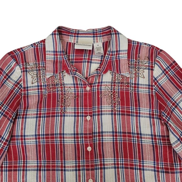 Alfred Dunner Red Plaid Rhinestone Accent Button Front 3/4 Sleeve Blouse Size 16 - Picture 4 of 13
